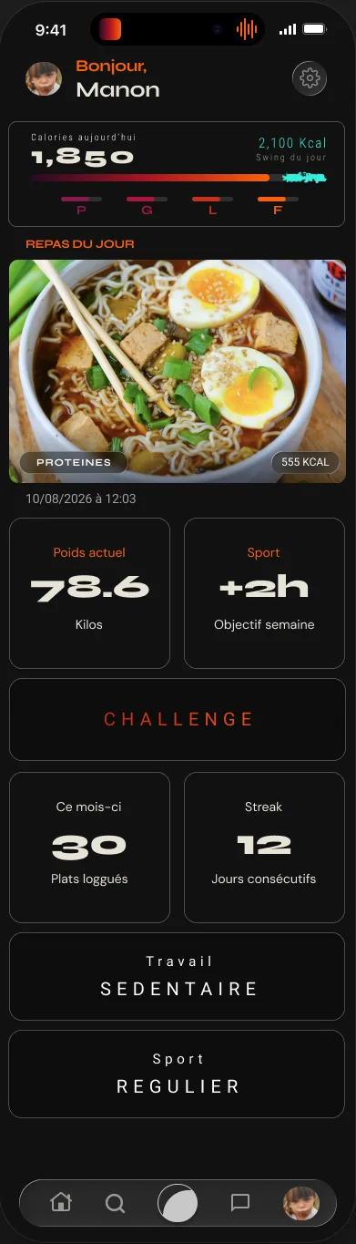 Tableau de bord : calories, poids, sport, streak