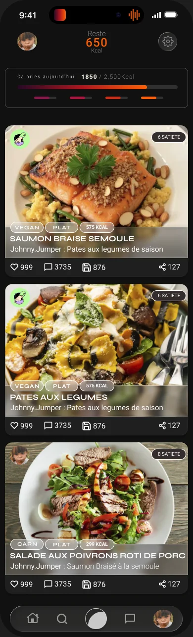 Fil social : plats, kcal, likes, partages