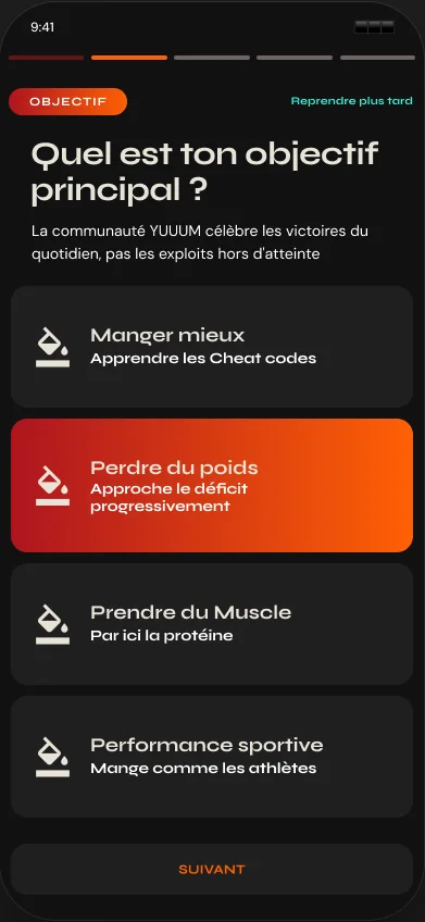 Écran d'onboarding YUUUM : Quel est ton objectif principal ?