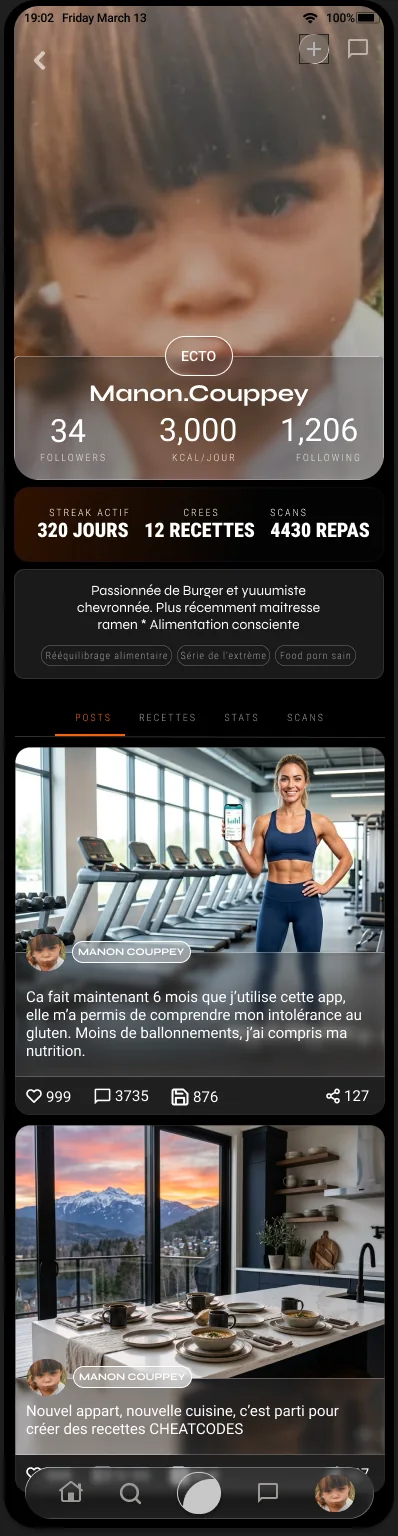 Profil : followers, streak, recettes créées, repas scannés